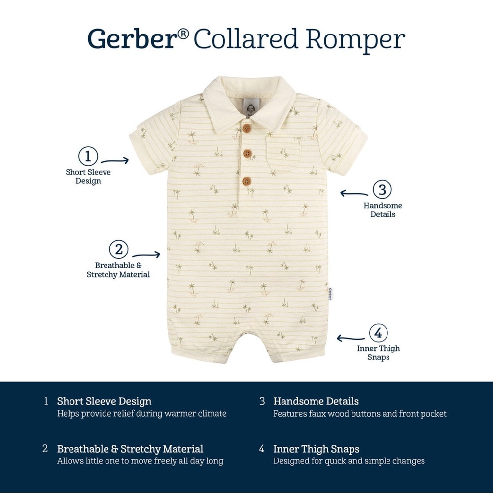 Gerber Baby Boys Palm Tree Stripe Collared Romper Onesie 3-6 months EUC